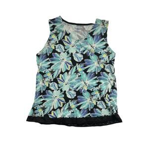 Talbots Petites Black and Blue Floral Tank Top Small